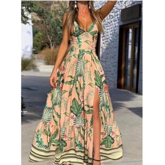 Tropical Print Striped High Slit Spaghetti Strap Maxi Dress - Picture 1 of 7